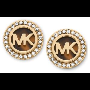 Michael Kors Logo Stud Earrings Gold Tone Pave